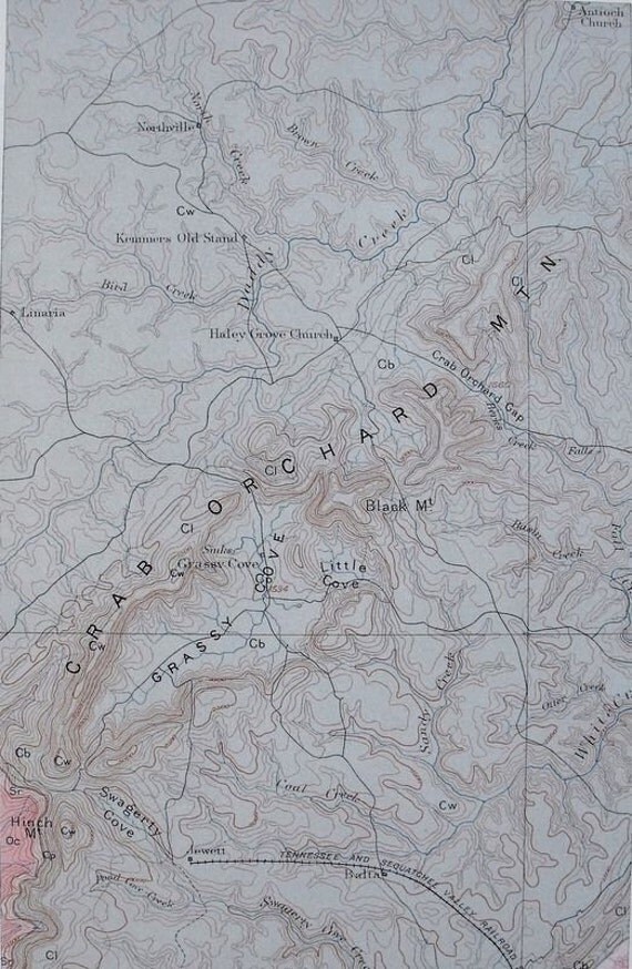 1908 Antique Map Crab Orchard Mtn Tennessee. Little Cove
