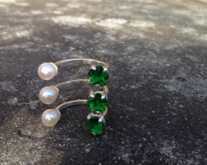 Triple ring Cubic zirconia ring Pearl ring Open ring Silver ring Green stone ring Gift idea