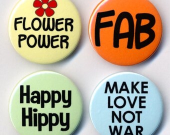 60s Sixties 4x 25mm Button Badges Flower Power Fab Happy Hippy Make ...