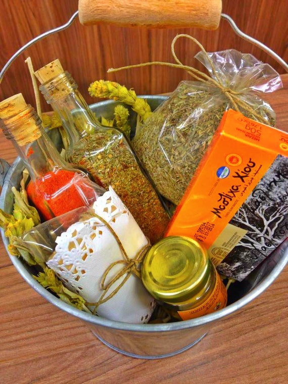 My big Greek gift bucket. Gift basket full of spices herbs