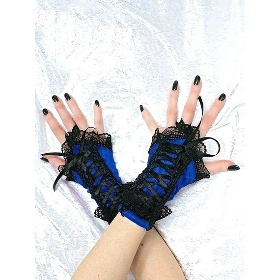 blue fingerless gloves wrist warmers gothic by FashionForWomen