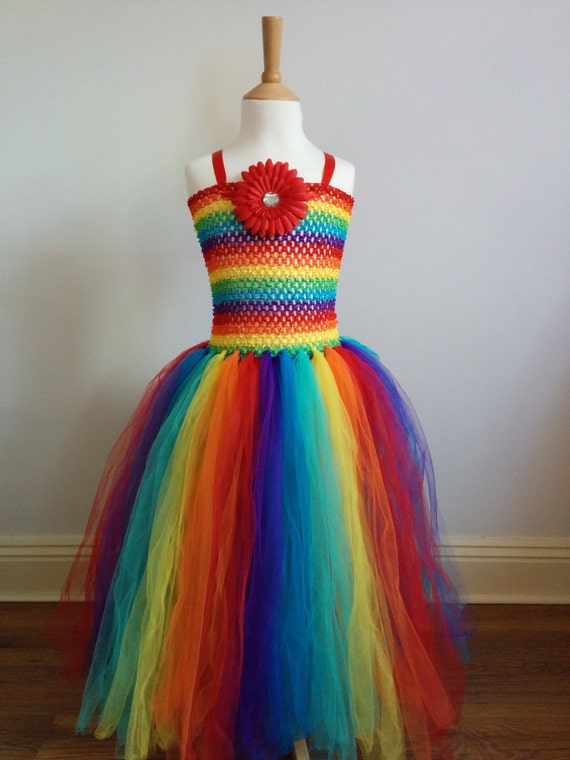 Girls Luxury Rainbow Floor Length Long TuTu Dress With Flower ...