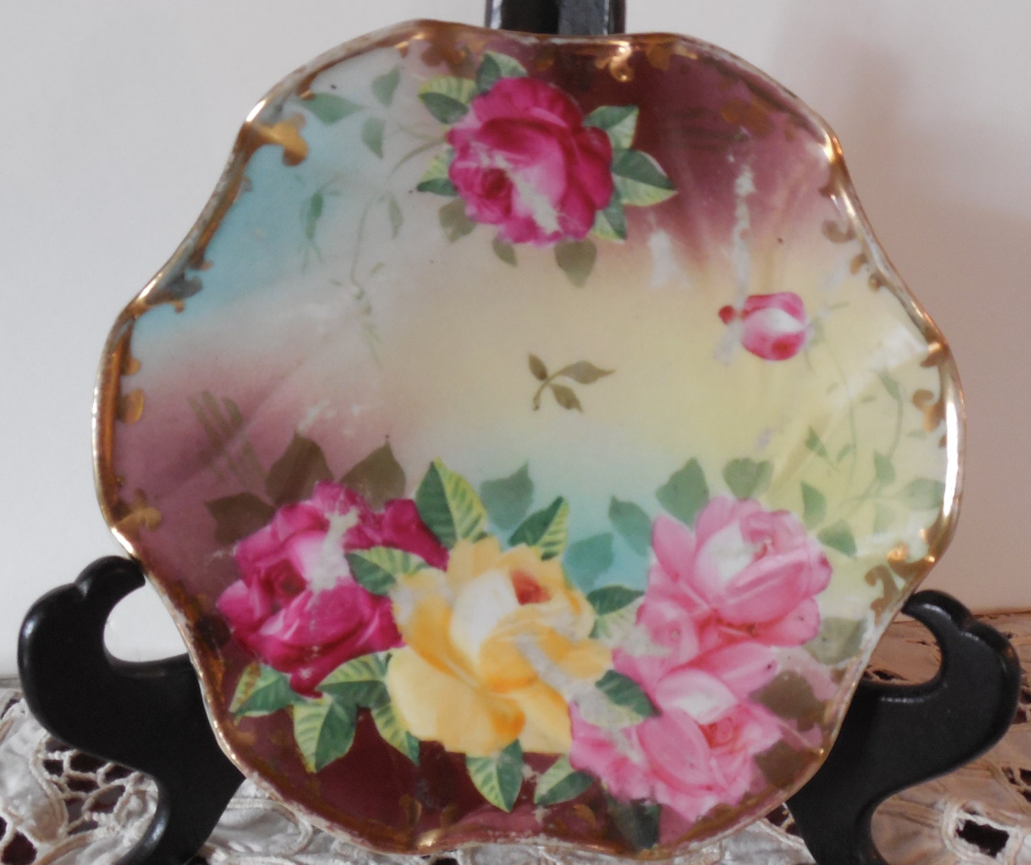 Royal Kinran Nippon 6 3/4 Floral Painted Trivet Vintage