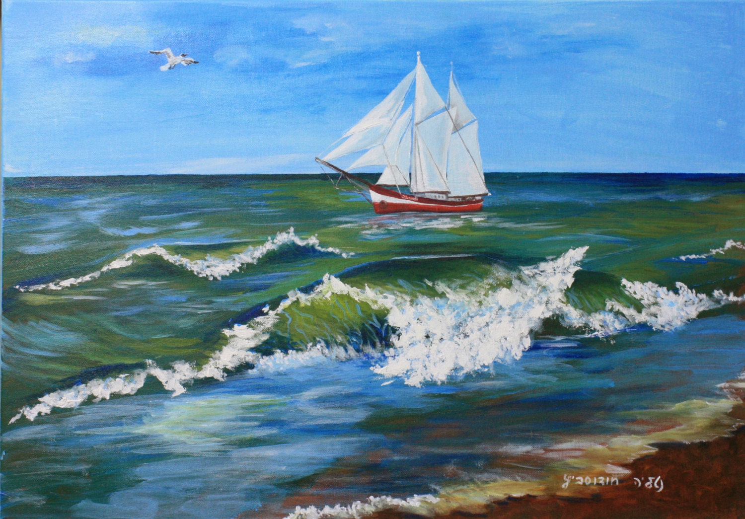 Acrylic Painting Canvas Art Boat on Sea Gull in the Sky Wall
