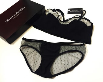 Strappy bralette Sexy underwear organic cotton lingerie - strappy black bralette and panties set