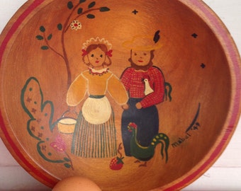 Beautifully Handcrafted Pennsylvania Dutch Folk Art Painted Turned Wooden Bowl with Girl and Boy!