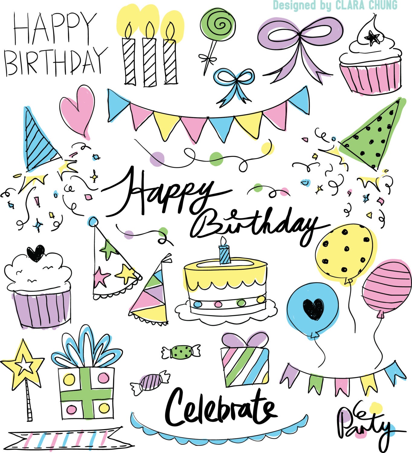 Happy Birthday party theme pastel colours handdrawn text vector digital ...