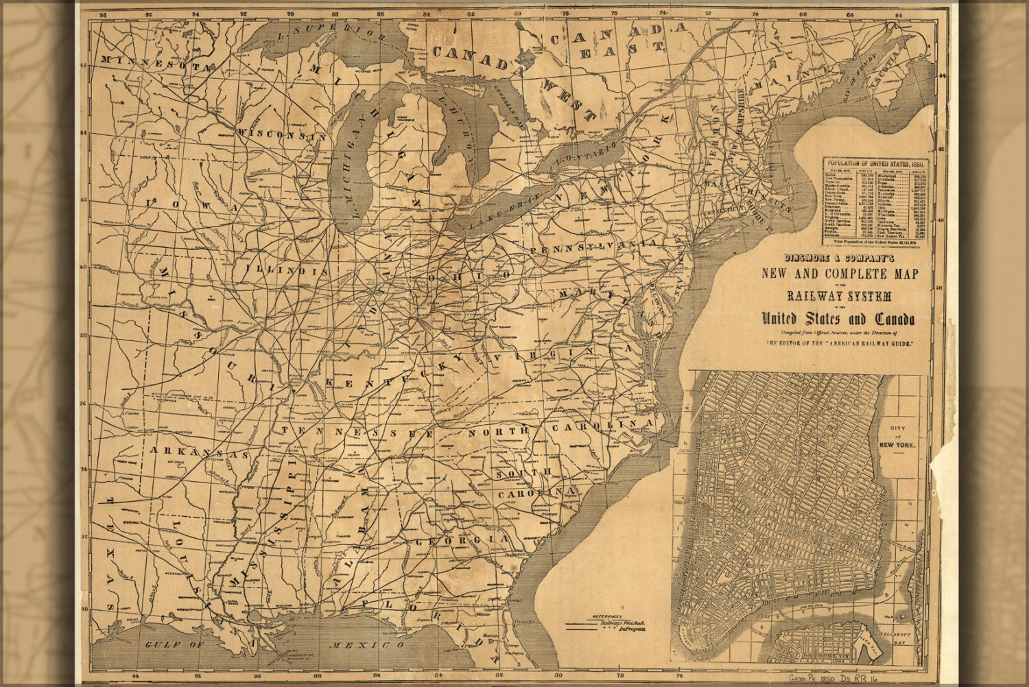 24x36 Poster Railroad Map Of United States And Canada 1850