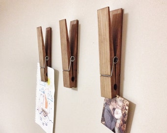 Large Rustic 9" Decorative Clothespin in dark walnut finish - office home bathroom nursery laundry wall decor note photo holder gift