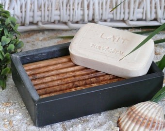 Soap dish made of slate with olive wood inlay