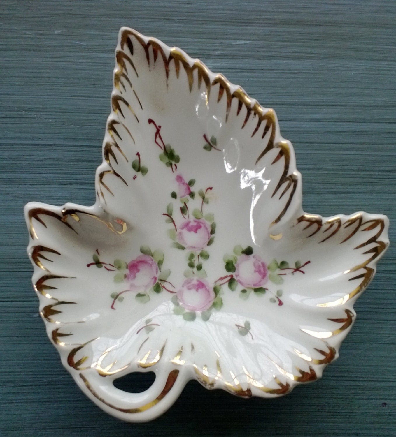 Vintage LIMOGES FRANCE Porcelain Glazed Gilded Roses “Leaf Shaped Dish