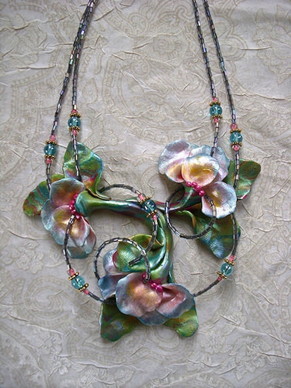 Unique Handmade Polymer Clay Statement Floral Necklace~Swirling Flowers~very lightweight