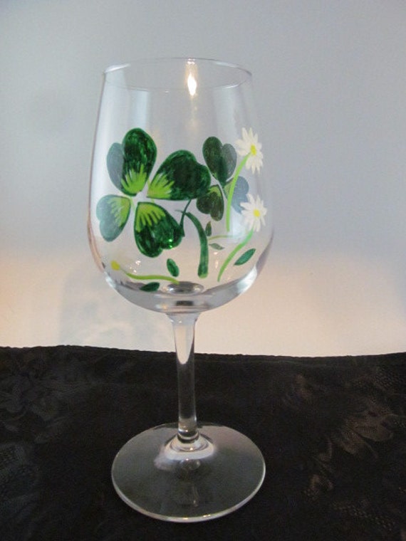 Items similar to Shamrock wine glass, Four leaf clover wine glass, hand