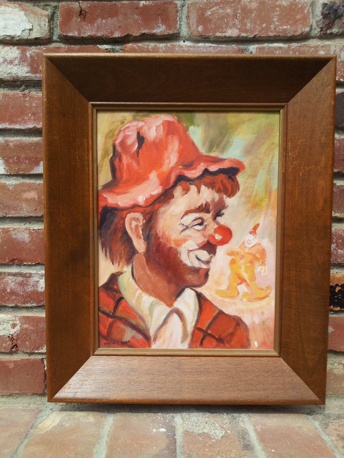 Vintage Original Oil Painting On Board Clown Circus Signed