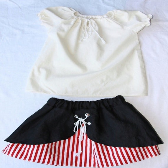 Red and white striped toddler pirate skirt with tied contrast