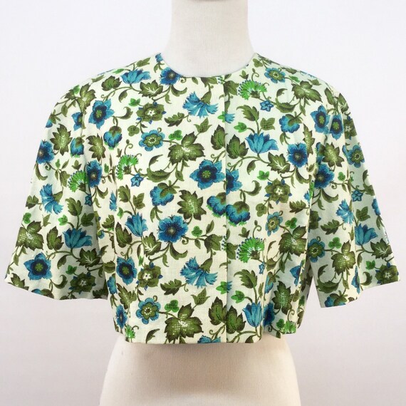 Vintage Cropped Jacket Bolero Floral Print Greens & Blues