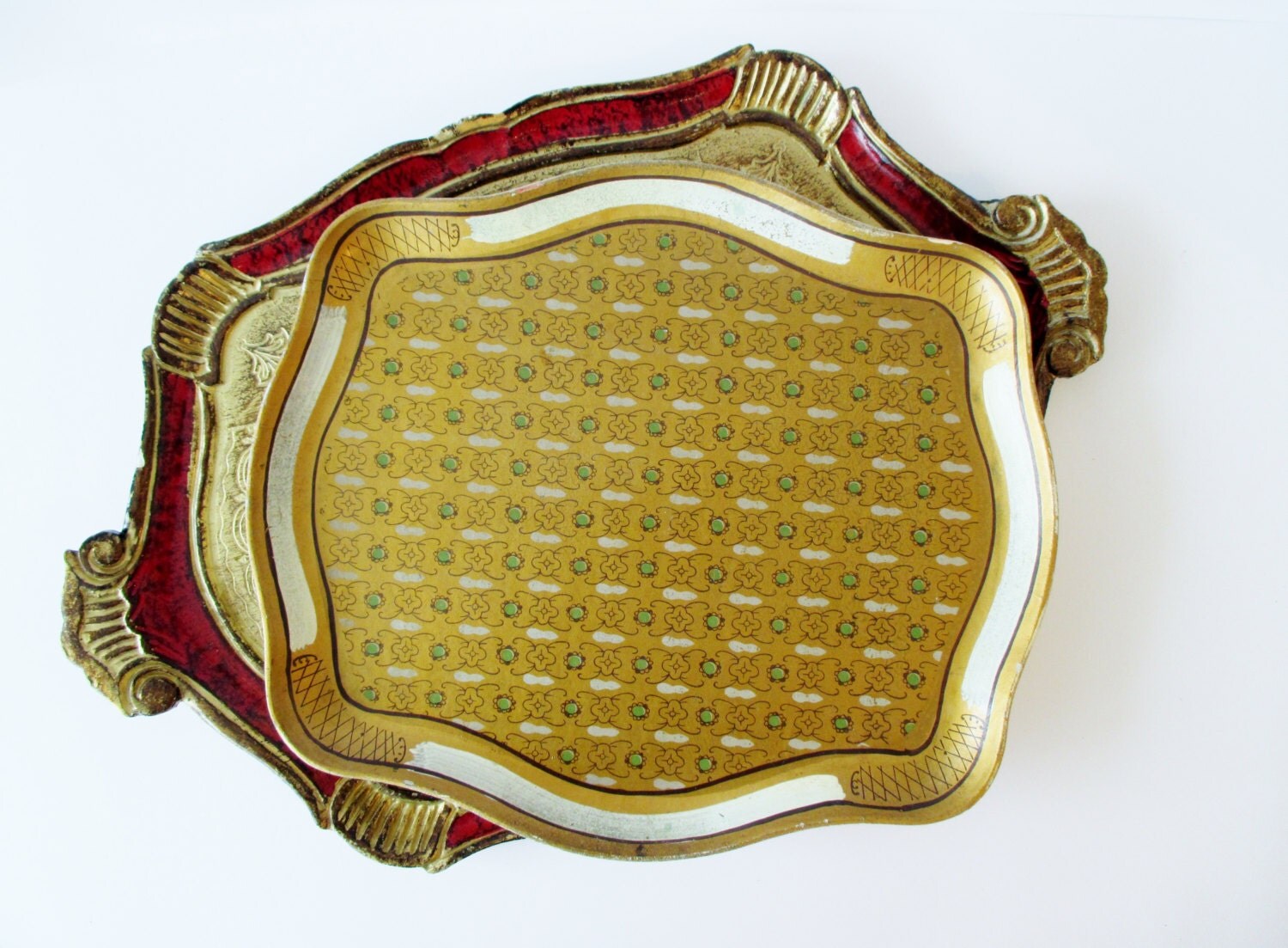 Gold Serving Tray Wood Green White & Gold Florentine Style Painted Wood