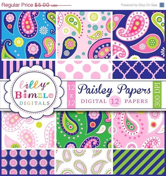 50% off Paisley Digital scrapbook papers in pink, navy blue, green and hot pink. modern scrapbooking DIGITAL DOWNLOAD Il_570xn