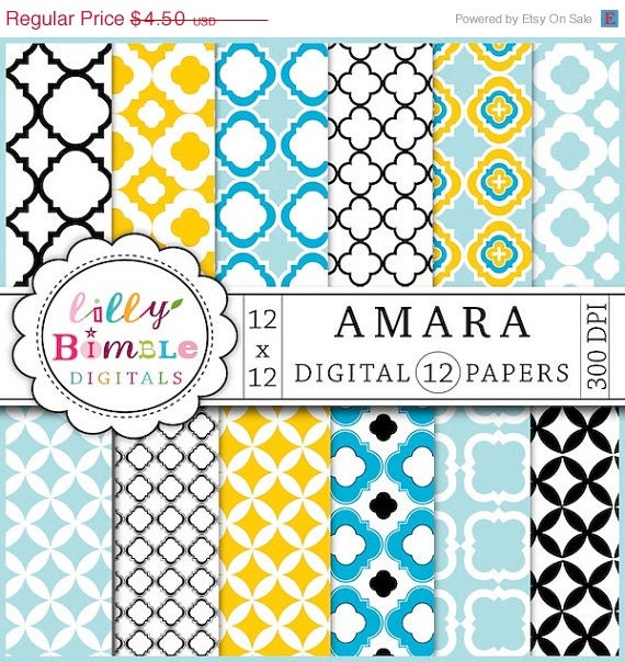 50% off Quatrefoil Digital Papers lattice work for photo cards, stationary AMARA Instant Download light blue, black, white Il_570xn