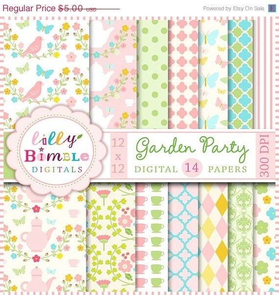 50% off Garden Party digital papers for scrapbooking, cards, invites, flowers, paper, printable download Il_570xn