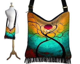 MadArt Hippie Bag Hobo Purse Crossbody Slouch Bag Gyspy Boho Fringe Bag, Twisting Love tree moon zipper aqua violet yellow red RTS