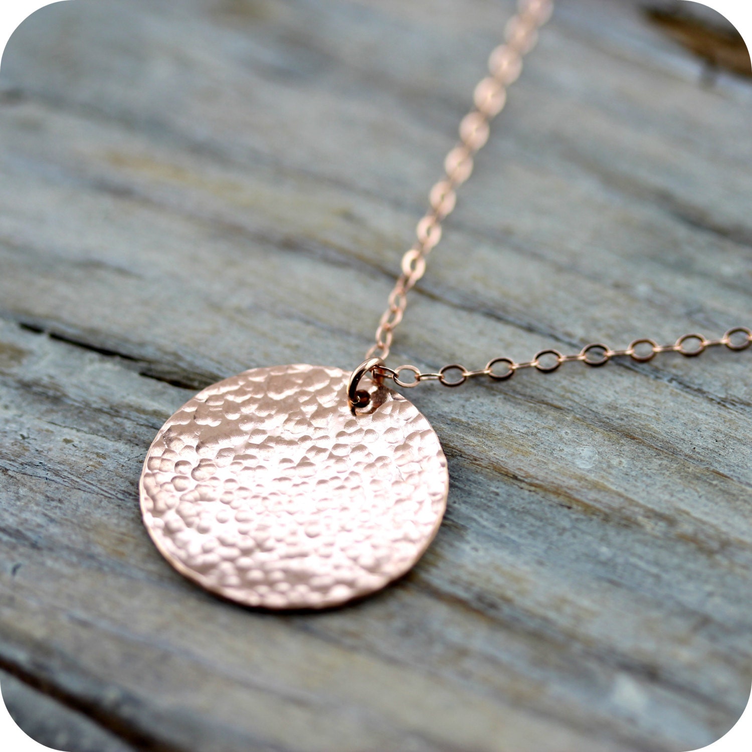 Large hammered rose gold disc necklace 19mm 14K rose gold