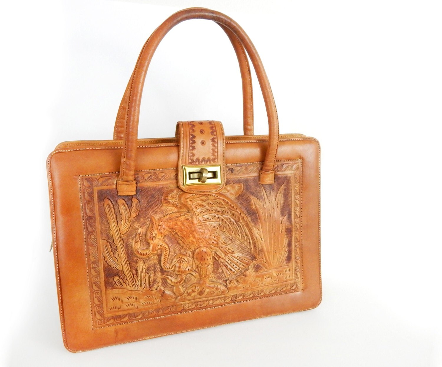 Vintage 50s 60s Mexican Tooled Leather Handbag Aztec Eagle