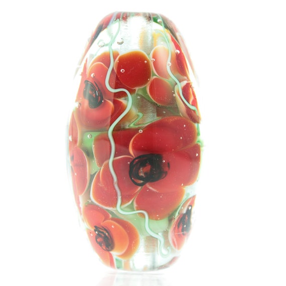 Red Poppys Floral Bead.....glass bead handmade by Highland Beads
