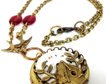 Flying Home Locket ... Steampunk Sparrow Birdhouse Locket One of a Kind