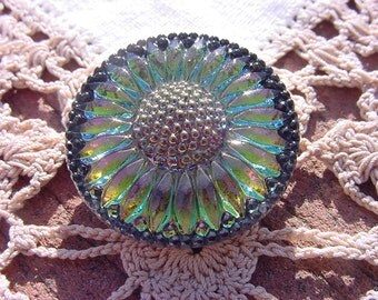 Ebony Framed Inner Fire Sunflower Czech Glass Button