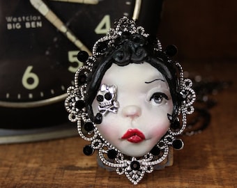 Original Cameo Sculpture Steampunk Black Hair, Skull with Bow Girl Necklace Pop Surrealism
