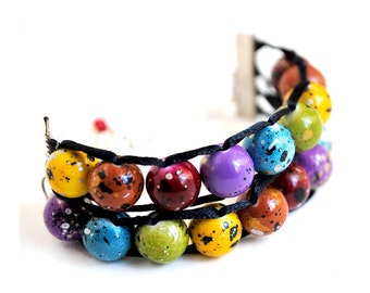 Ablet Knitting Abacus Row Counter Bracelet- Painted Rainbow- Gold Clasp