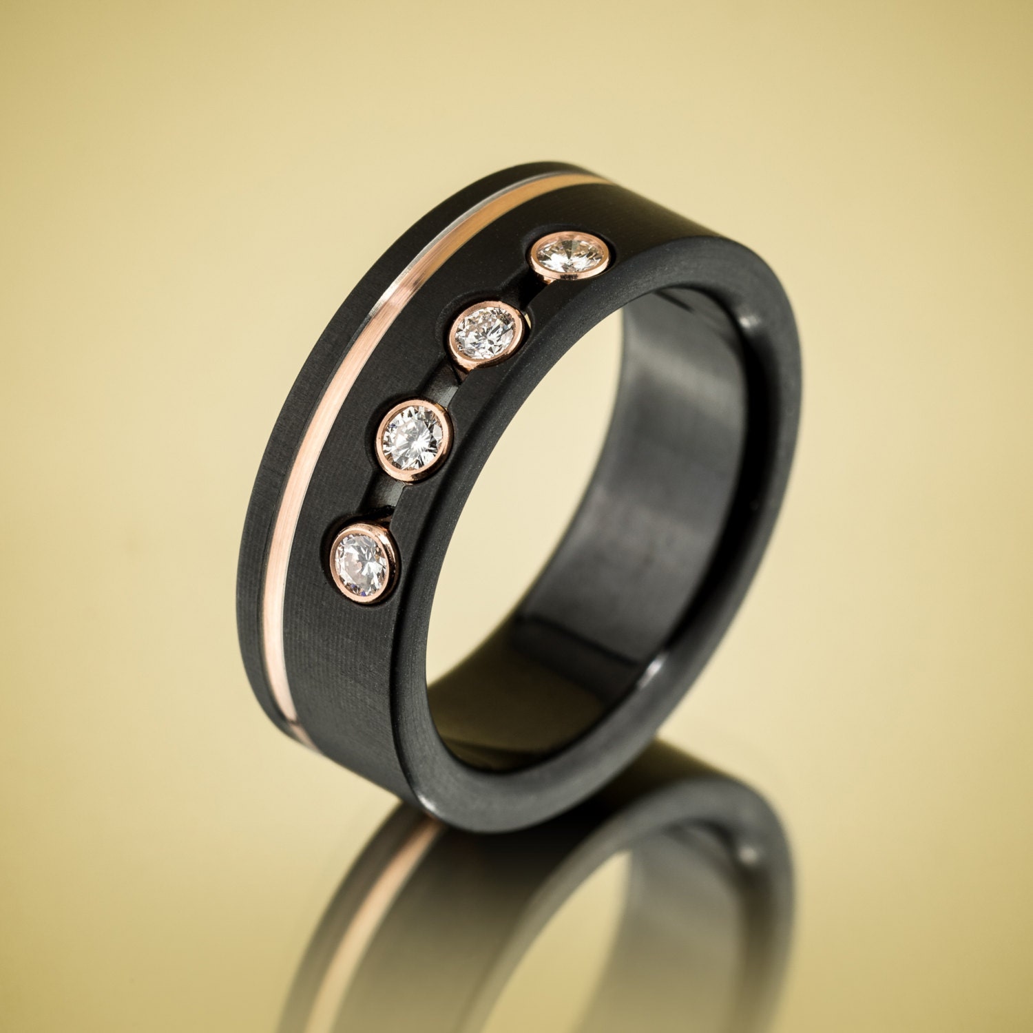 Men's Wedding Band Black Zirconium Rose Gold Diamond Ring
