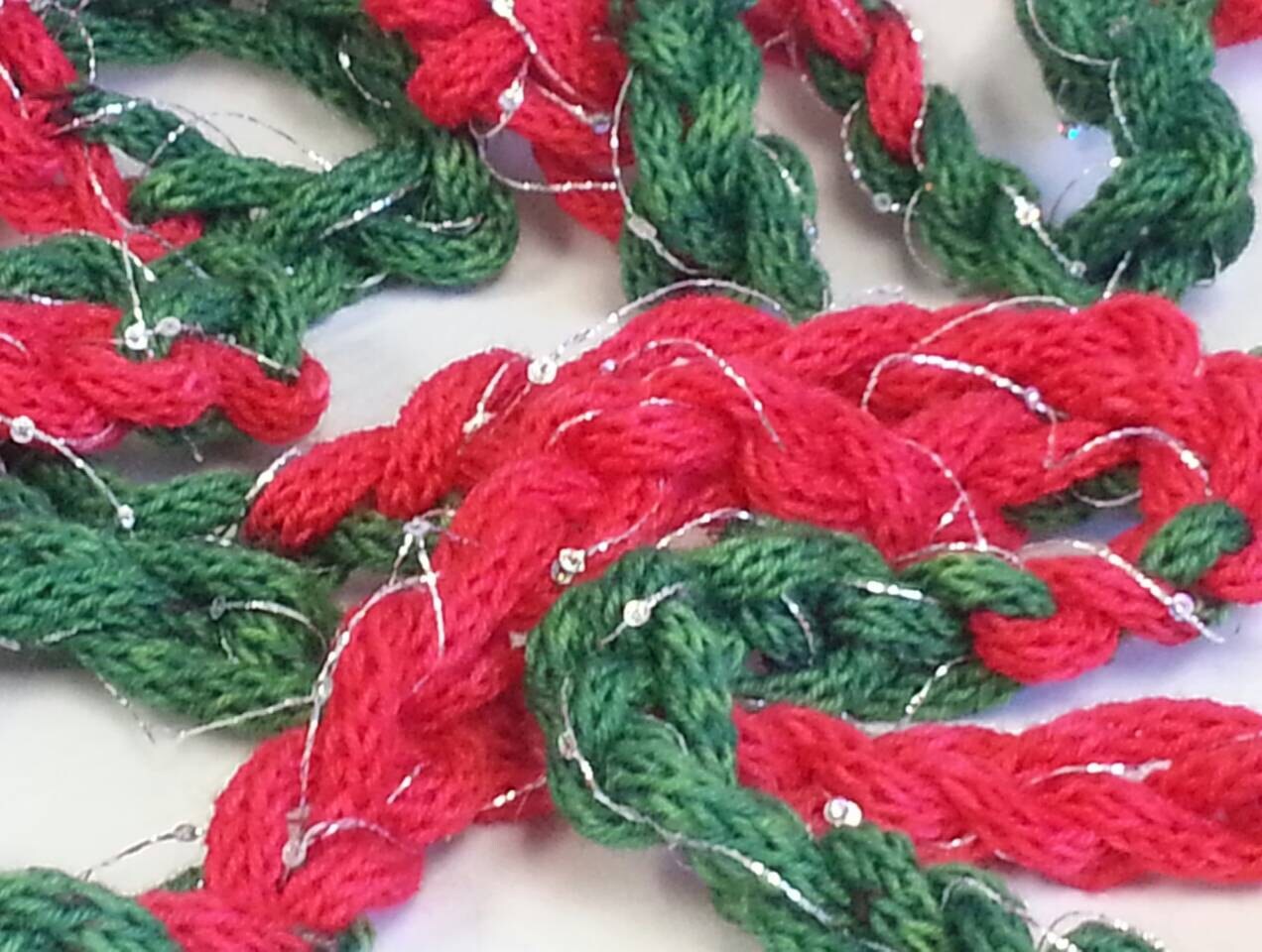 Christmas Holiday Garland of Hand Dyed Wool, Tinsel and Sequins for a Beautiful Mantle or Entry Table, Red Green Silver