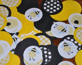 Bee Confetti. Bee Party. Bumble Bee Confetti. Minis. Dots. Handmade Confetti. 125 pieces. black. yellow. polka dots. bee. hive.