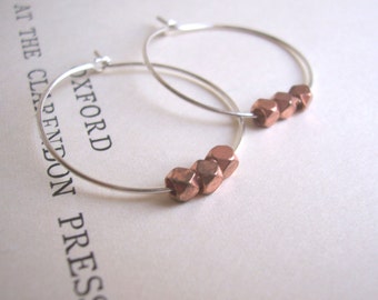 Rose Gold and Silver mixed metal hoop earrings - little faceted beads - minimalist