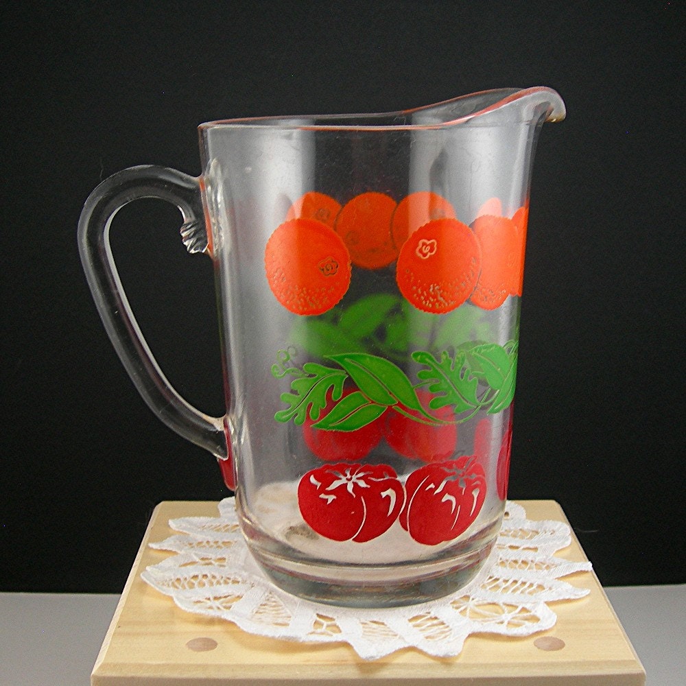 Vintage Glass Juice Pitcher Enameled Oranges Tomatoes Leaves