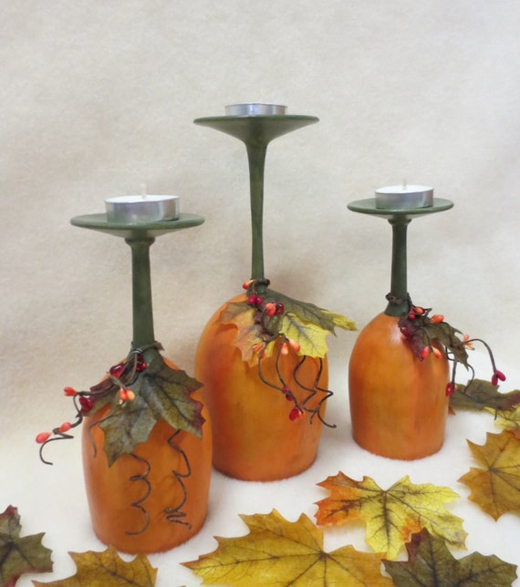 Set Of 3 Rustic Wine Glass Pumpkin Fall Centerpiece Candle