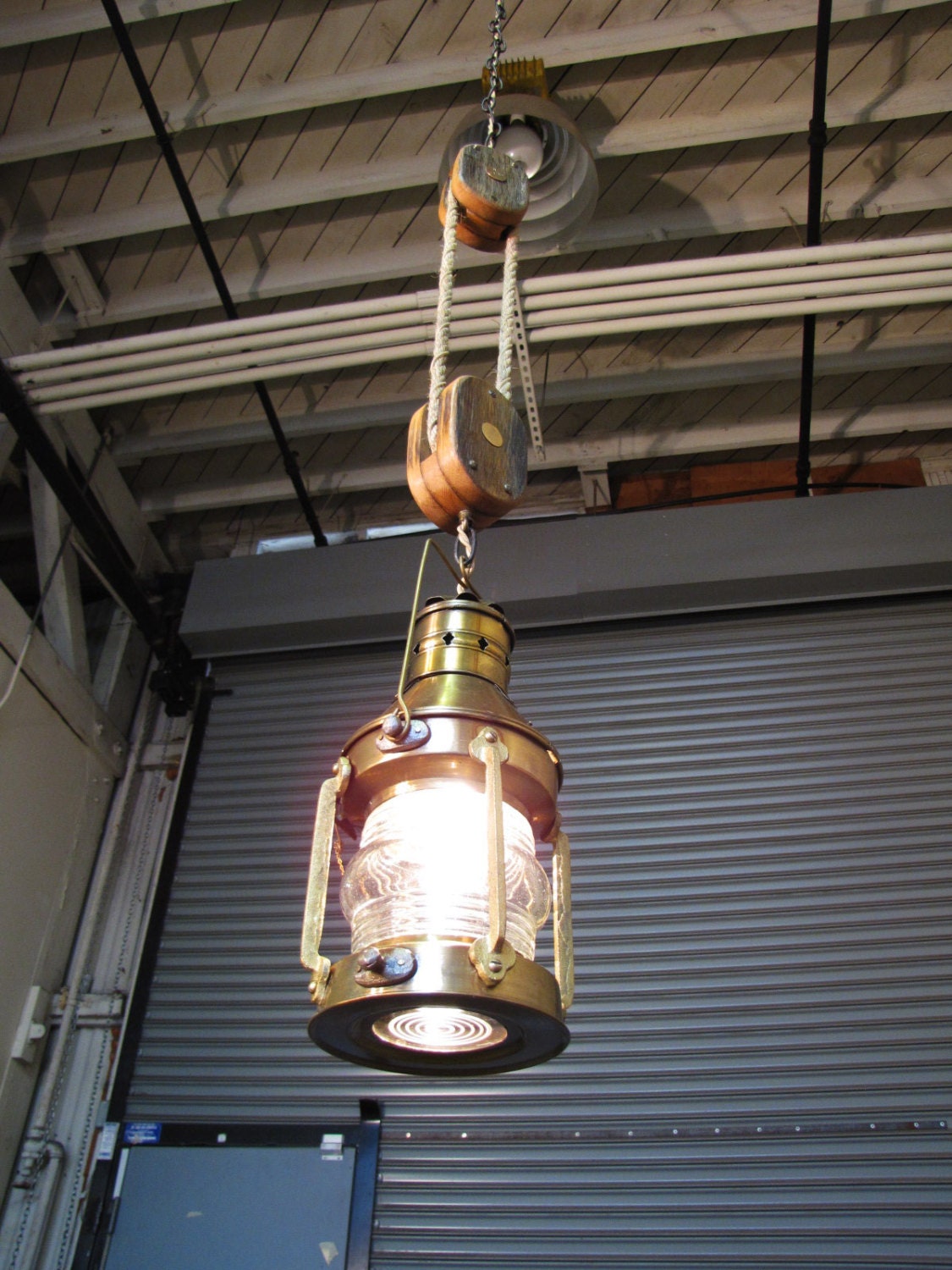 Electric Hanging Ships Lantern with wood block and tackle