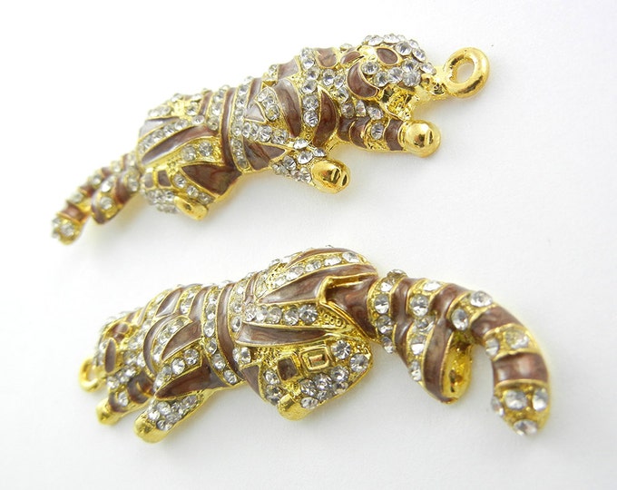 Tiger Charms in Gold-tone Brown and Rhinestone Accented Bending Tail Pair