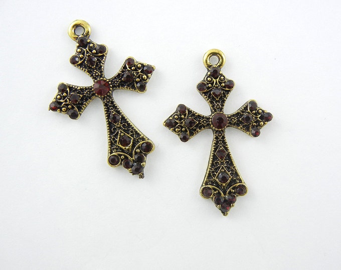 Pair of Burnished Gold-tone Dark Ruby Red Rhinestone Cross Charms