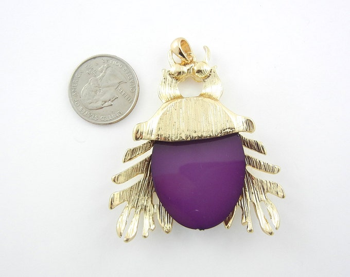 Large Gold-tone Beetle Pendant with Purple Acrylic Faceted Body Light Topaz Eyes