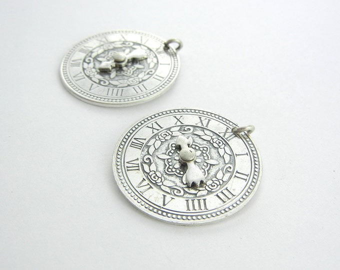 Pair of Round Clock Charms with Roman Numerals and Moving Hands