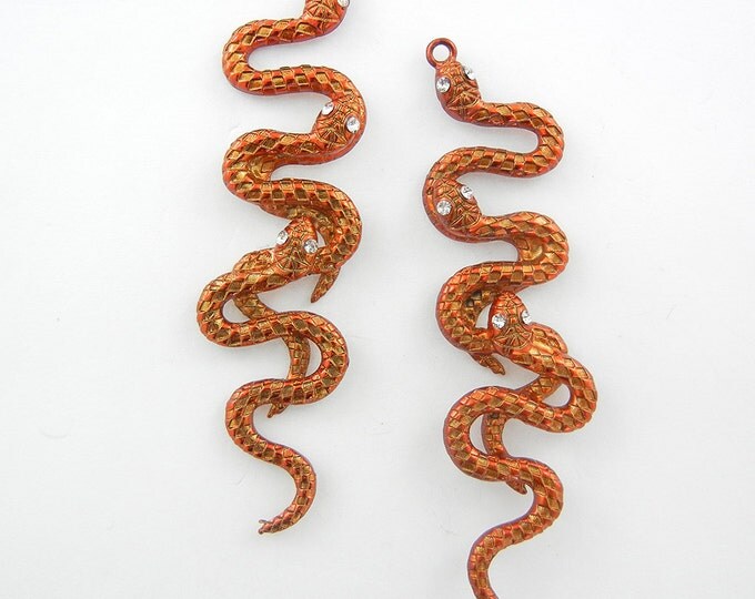 Pair of Long Pearlized Orange Epoxy Triple Snake Charms Rhinestone Eyes