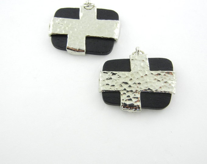 Pair of Black Wood and Hammered Silver-tone Tribal Charms