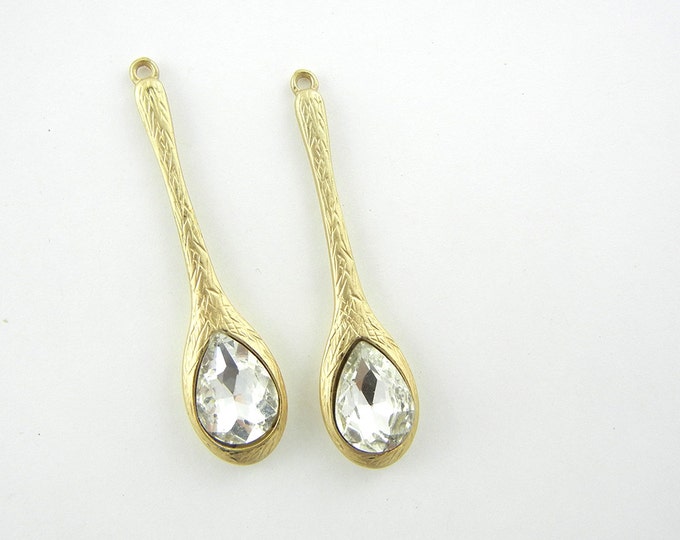 Pair of Brushed Gold-tone Rhinestone Spoon Drop Charms