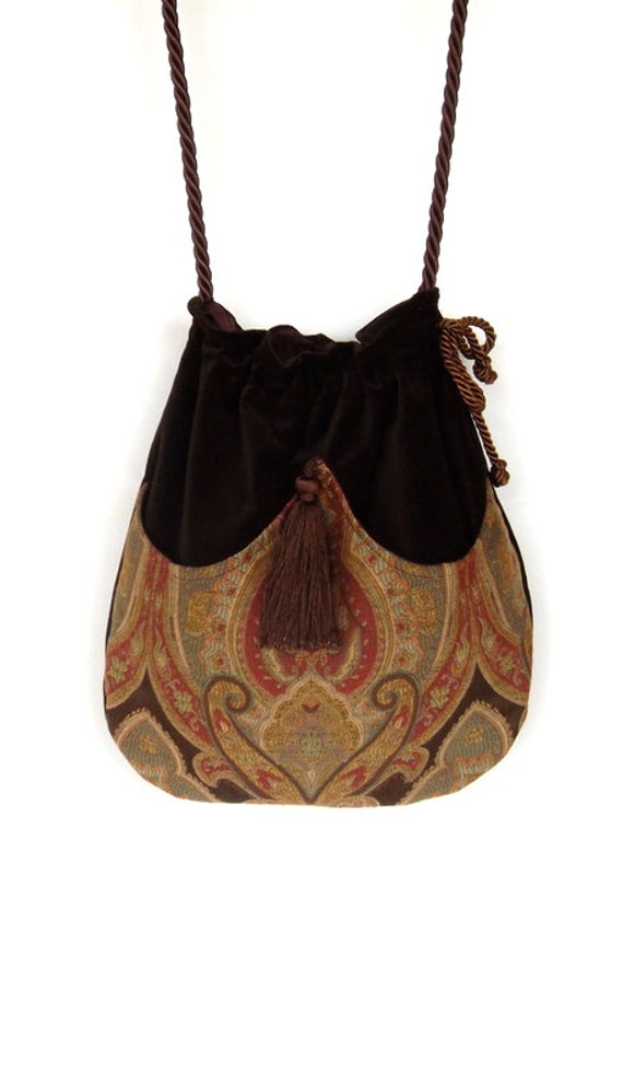 Brown Velvet Pocket Bag Boho Bag Tapestry by piperscrossing