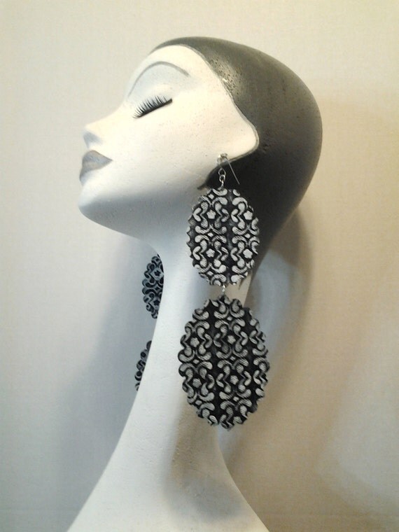 Denim Oval Scallop Shaped Fabric Earrings with Embellished Design, Large Fabric Earrings, Women Earrings, Large Earrings, Long Earrings