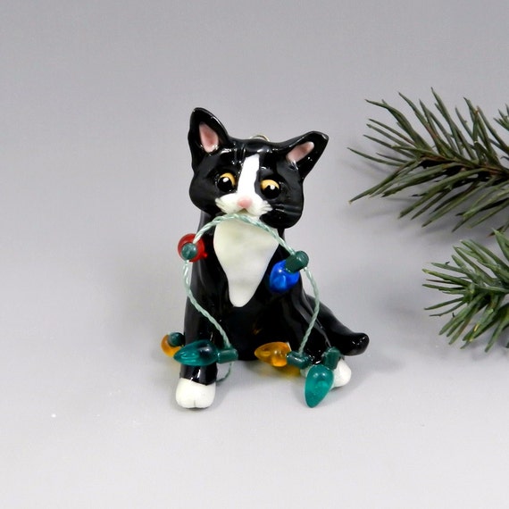 cat black white tuxedo christmas ornament figurine lights cat black white tuxedo christmas ornament figurine lights