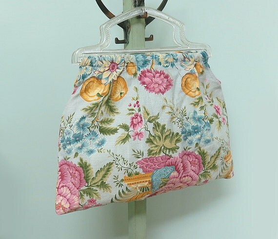 Vintage Handbag, Yarn Tote or Sewing Bag with Clear Plastic Handles ...